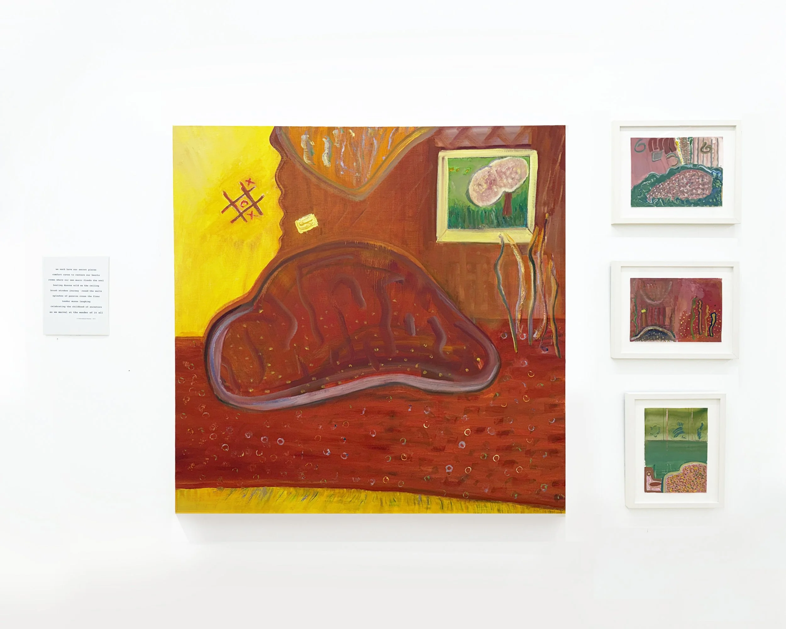 Bascha Mon, Comfy Chair Floats on the Magic Carpet, 2012, oil on canvas with three gouache drawings on paper, 48 × 48 in