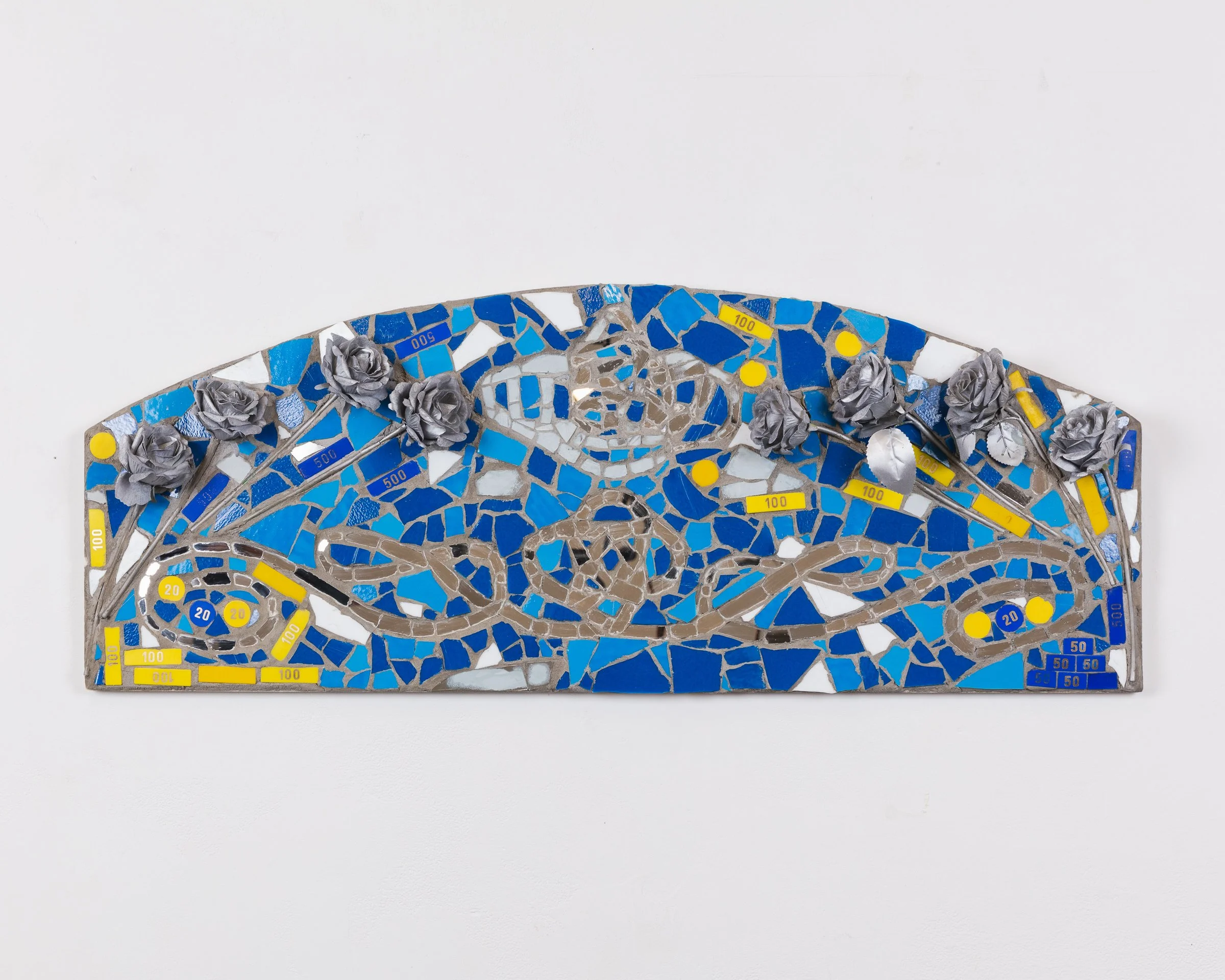 Marco DaSilva, "Florida Water Awning (Chance Destiny Trophies)," 2024, Mosaic tile, mirror, bingo chips, plastic roses, spray paint and mortar on compressed foam board, 39.5 × 15.25 in.
