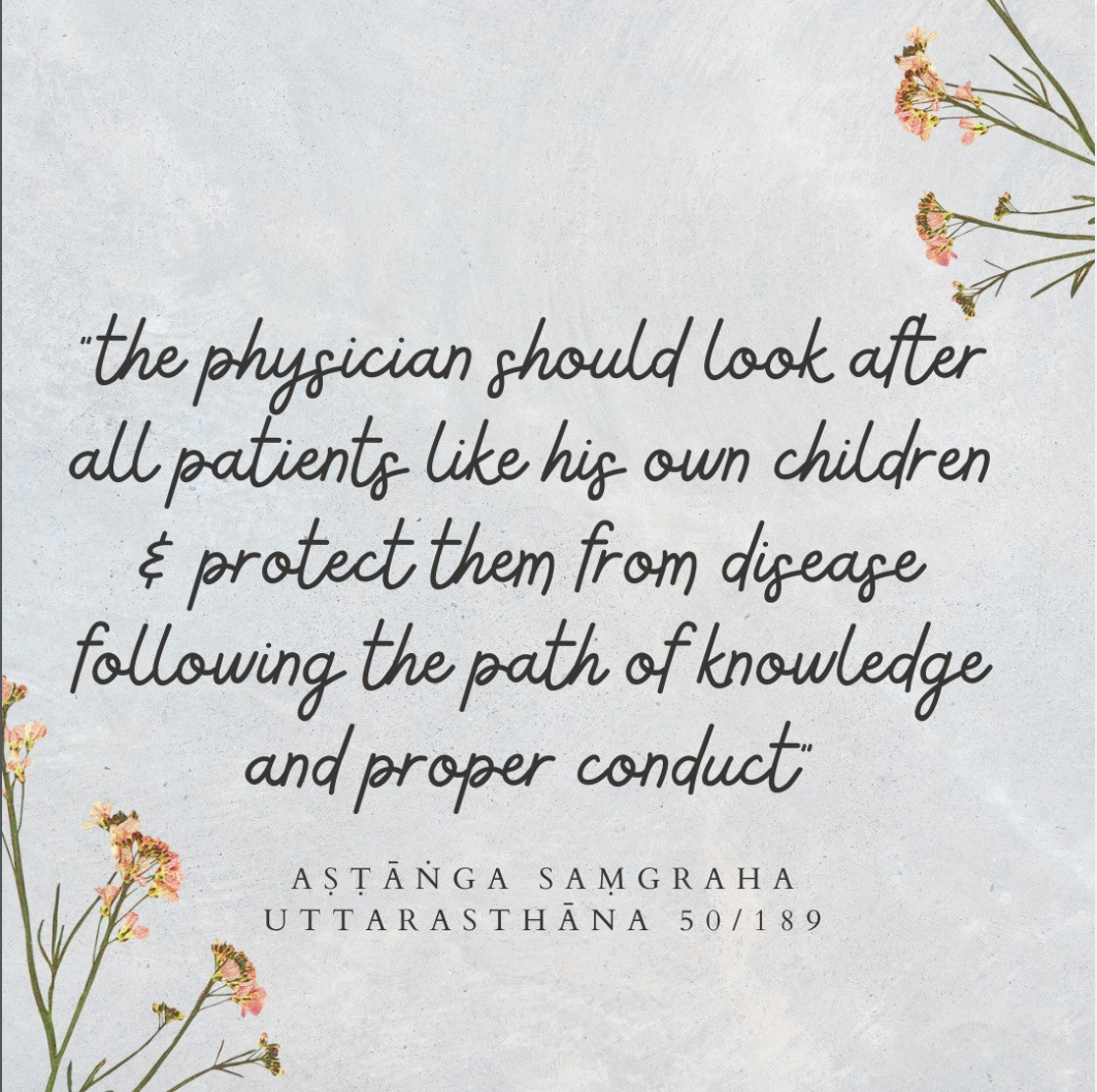 Inspirational quote about physicians caring for patients, with pink and green flowers on a light background.
