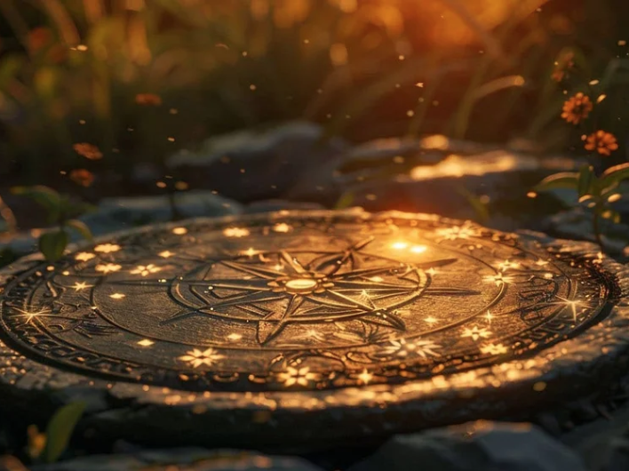 A decorative compass rose on the ground surrounded by greenery, illuminated by warm sunlight, with small glowing lights scattered around.