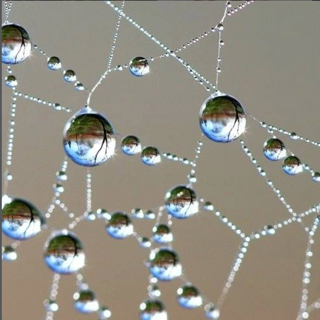 Close-up of a spider web with water droplets, reflecting an outdoor scene with trees and sky.