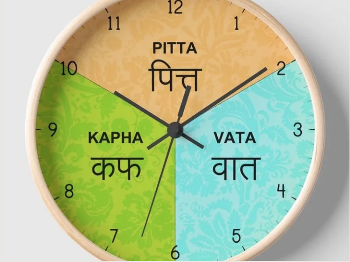Colorful clock with sections labeled in Hindi for Pitta, Kapha, and Vata, representing different doshas.