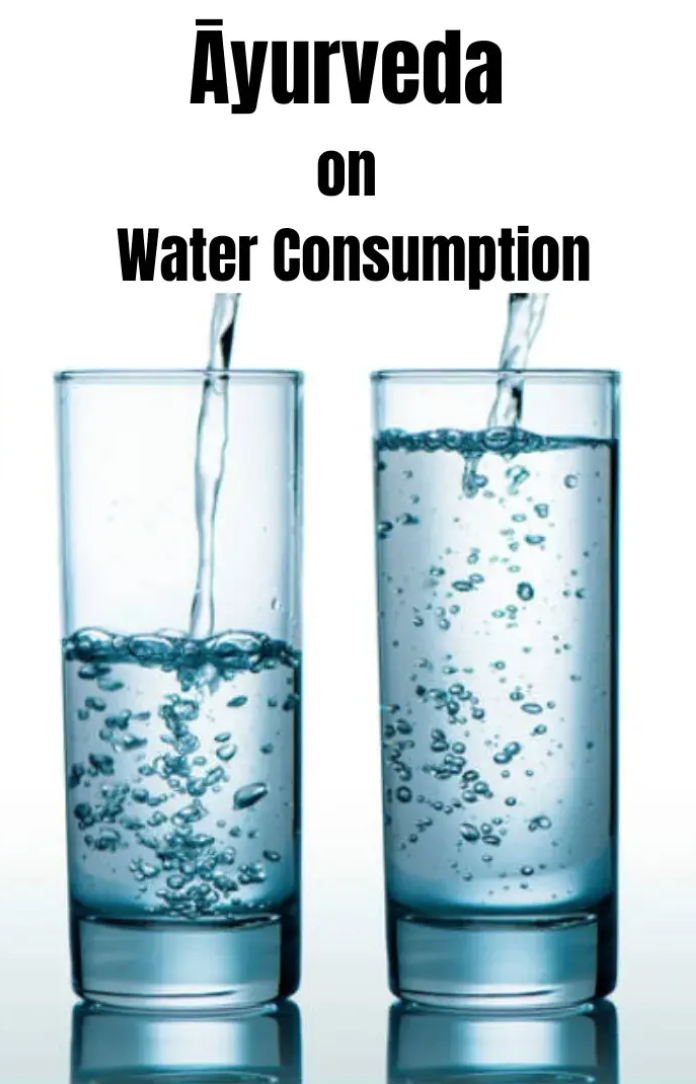 Two glasses of water with water being poured into each, with the text 'Ayurveda on Water Consumption' above them, emphasizing water intake.