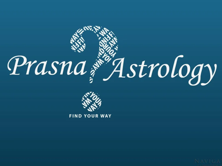 A large question mark with words related to astrology and finding your way, next to the text 'Prasna Astrology' on a blue background.
