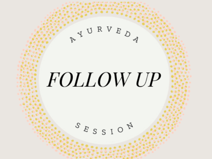 A circular logo with the words "Follow Up" in the center, surrounded by the text "Ayurveda" at the top and "Session" at the bottom, with a dotted pink and orange border.