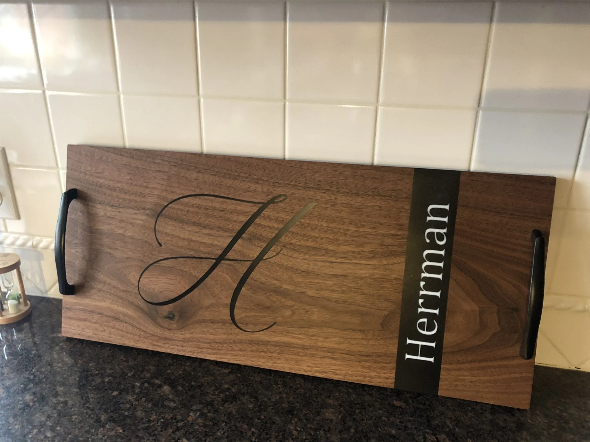 Old World Company: The Nobleman walnut charcuterie board with food safe personalized epoxy inlay.