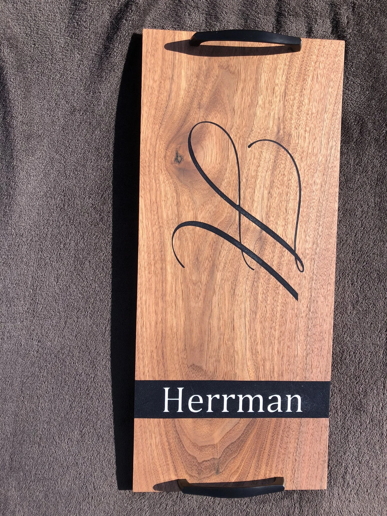 Old World Company: The Nobleman walnut charcuterie board with food safe personalized epoxy inlay.