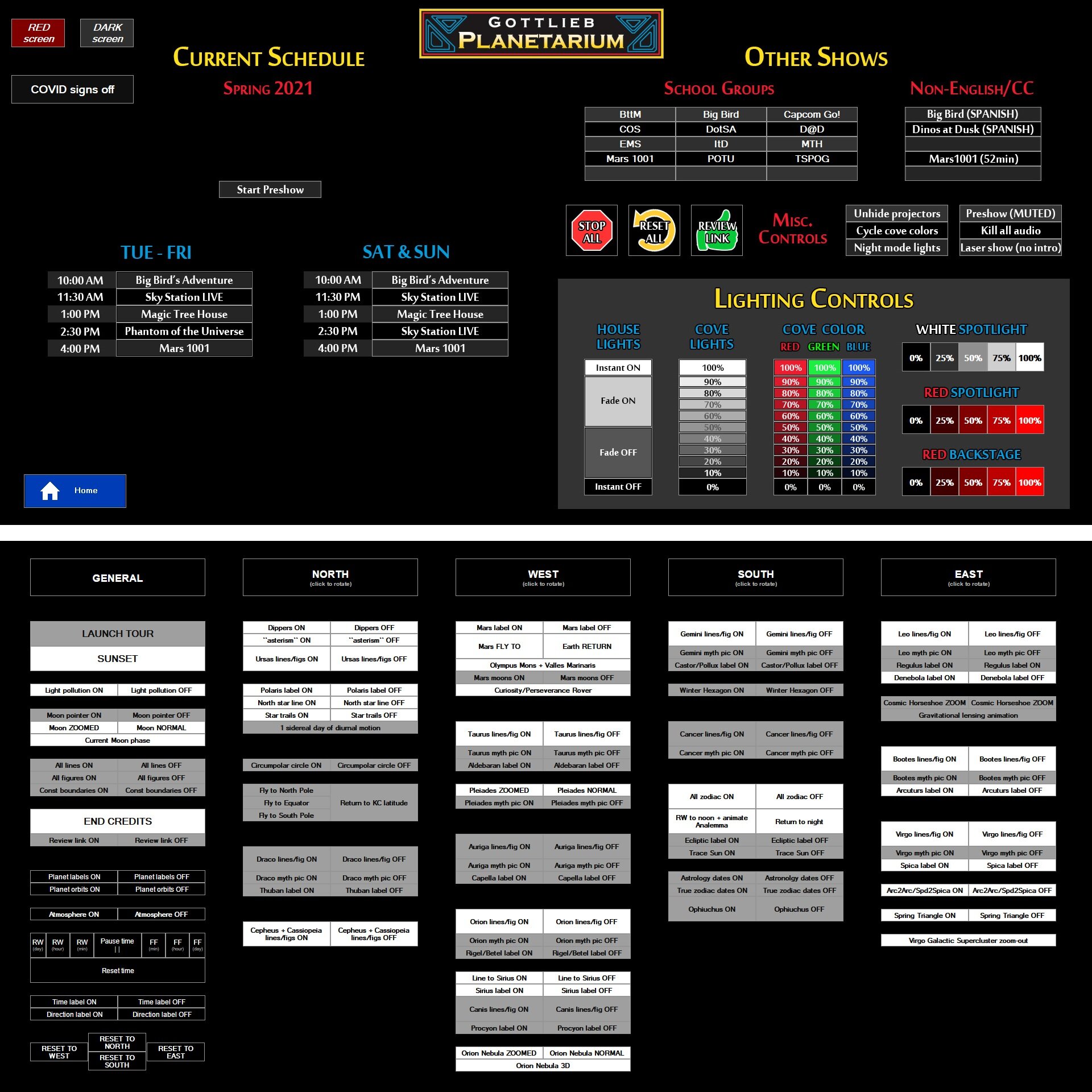 Example of custom button panel layout for general planetarium and star tour controls.