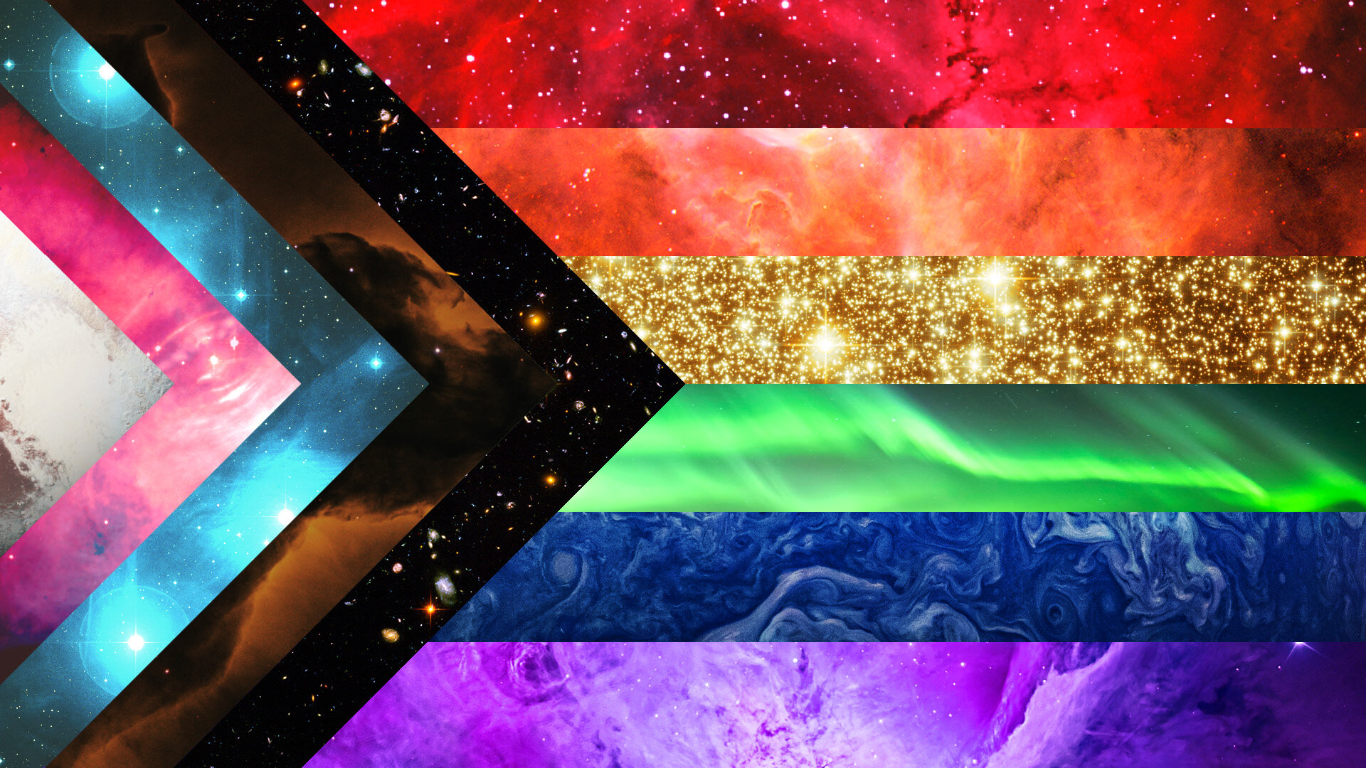Patrick's homemade livestream backdrop, showcasing the many different and wonderful shapes and colors that make up our diverse universe.