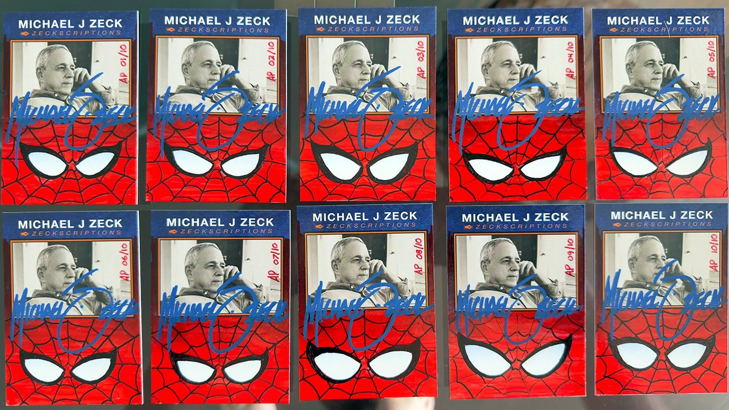 MIKE ZECK ZECKSCRIPTIONS TRADING CARD AP: These cards were limited to 100 pieces. I chose 5 designs (Spidey Eyes, Black costume spider design, Punisher skull w/blood spatter, black suit Spidey head sketch, and Captain America head sketch) and produce