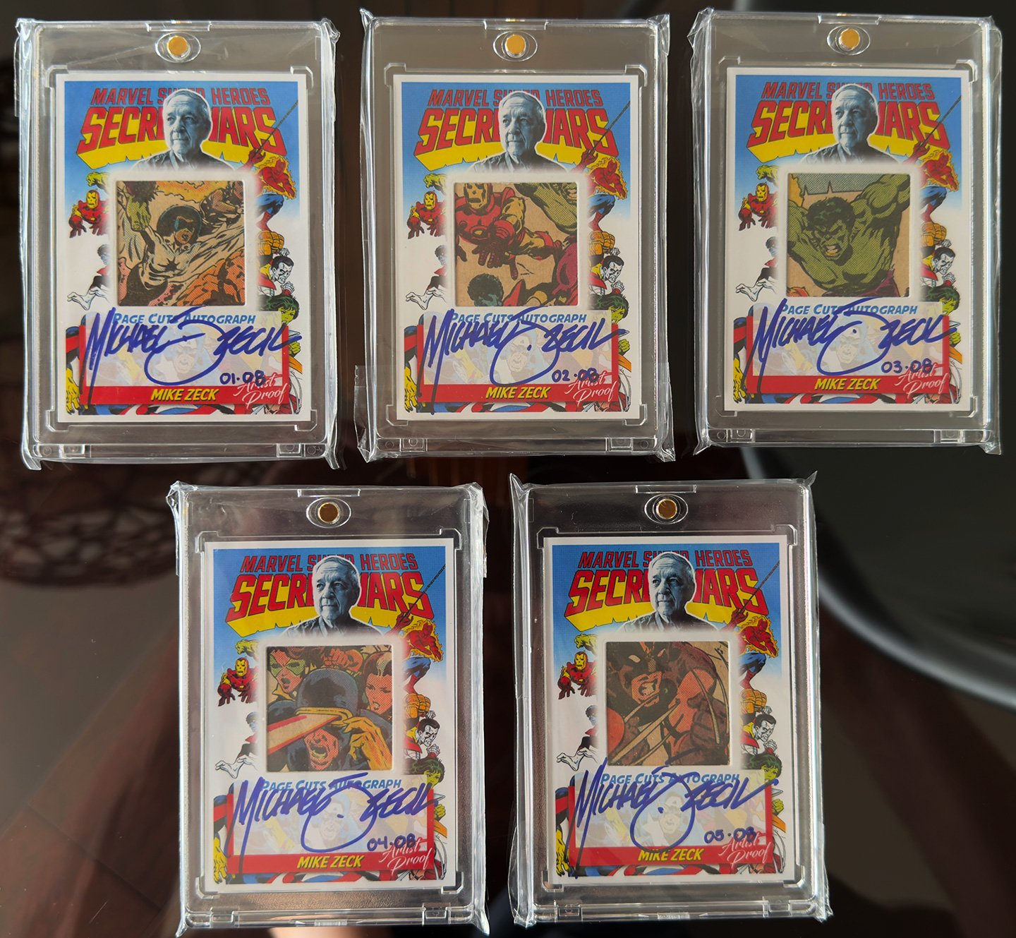 MIKE ZECK 'PAGE CUTS' TRADING CARDS AP: If you've seen "comics cuts" cards, you'll recognize these. Before the release of the Secret Wars series, Marvel ran a 'house ad' throughout its titles using the Secret Wars #1 cover image. We located 6 titles 