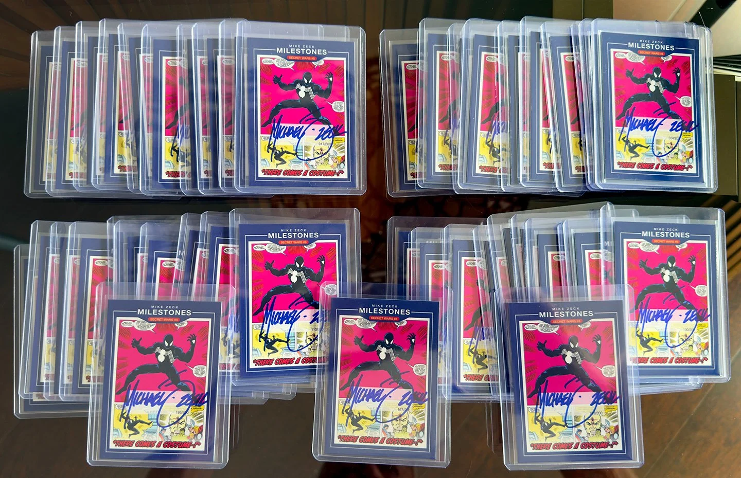 MIKE ZECK MILESTONES CARDS: The first Milestones trading card celebrates Secret Wars #8, specifically the first appearance of the black Spider-Man costume and the record-breaking auction of the original art for that page. **This card set was limited 