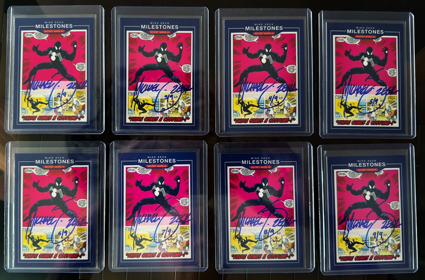 MIKE ZECK MILESTONES CARDS AP: There are a total of 9 artist proof cards. The printer indicated "AP" on each. **They are hand-numbered (1-9/9) and hand-signed by Zeck.