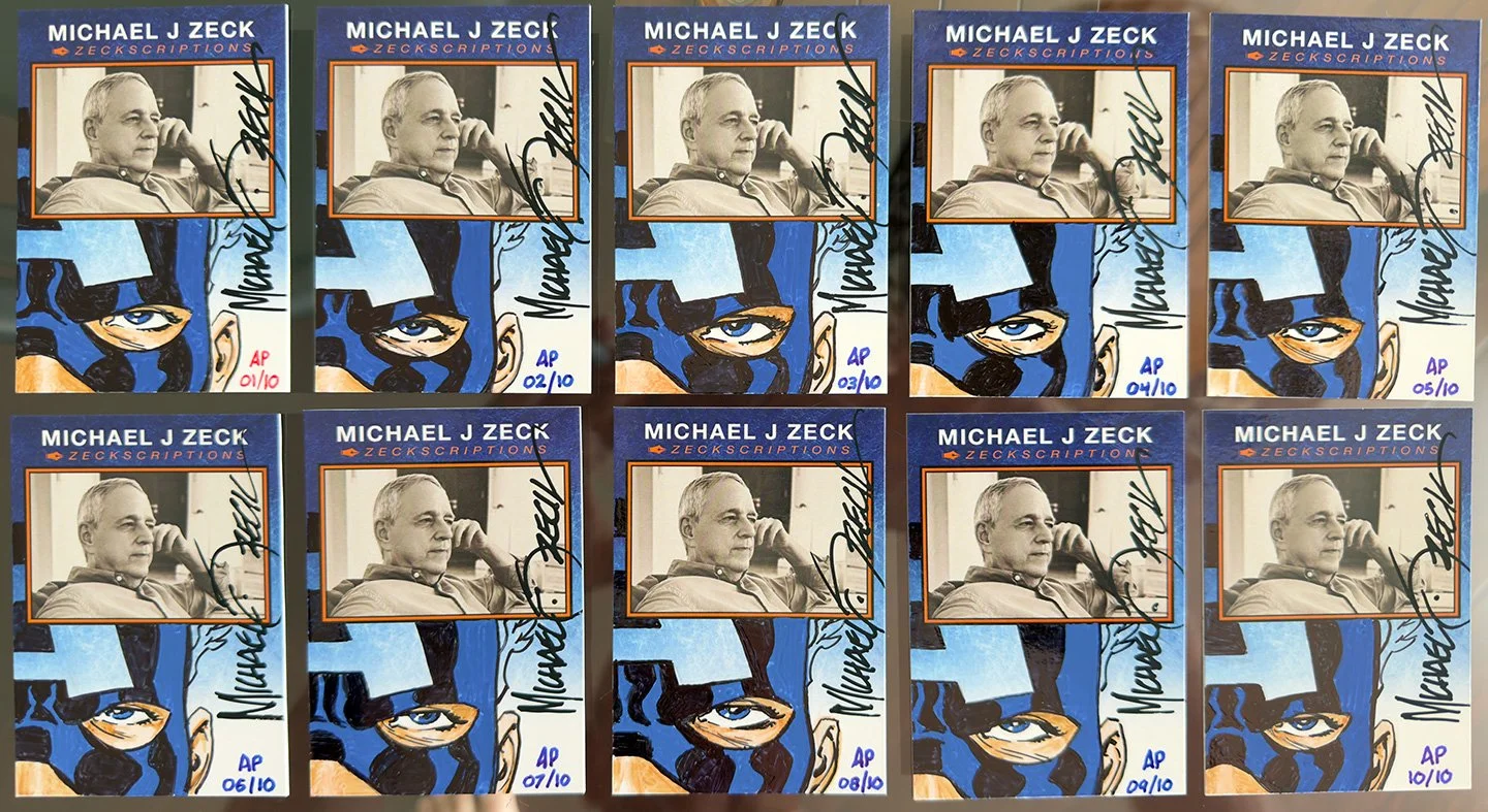 MIKE ZECK ZECKSCRIPTIONS TRADING CARD AP: These cards were limited to 100 pieces. I chose 5 designs (Spidey Eyes, Black costume spider design, Punisher skull w/blood spatter, black suit Spidey head sketch, and Captain America head sketch) and produce