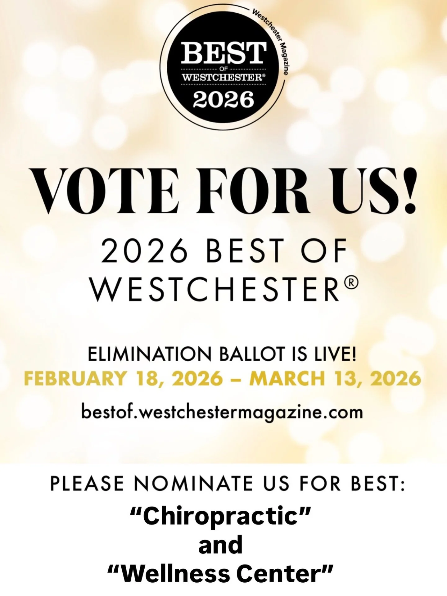 thanks to you all I was voted AGAIN this year for Best of Westchester 2026!! With your help we can make it a second year in a row of celebrating health and feeling good!! 

I am a finalist in &ldquo;chiropractic&rdquo; and &ldquo;wellness center&rdqu
