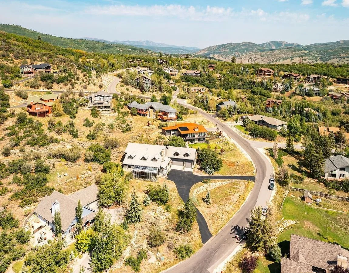 Aerial view of a residential neighborhood set in a hilly landscape, with various detached houses surrounded by trees and greenery, winding roads, and distant mountains under a clear sky.