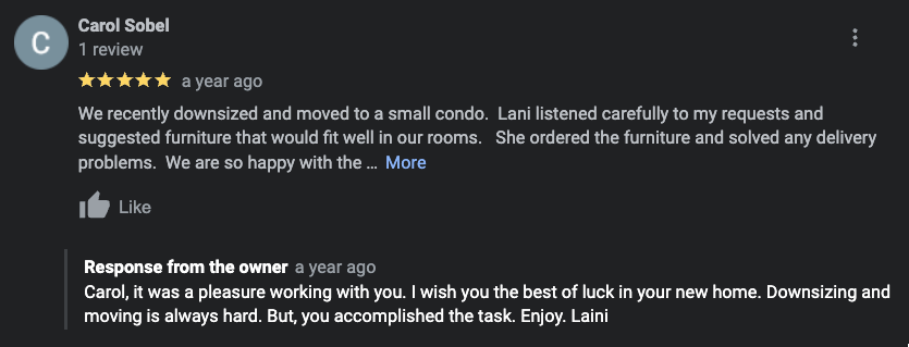 Google review and response featuring a 5-star rating from Carol Sobel about a pleasant furniture ordering experience after moving to a condo. The owner responds positively, wishing Carol well in her new home.
