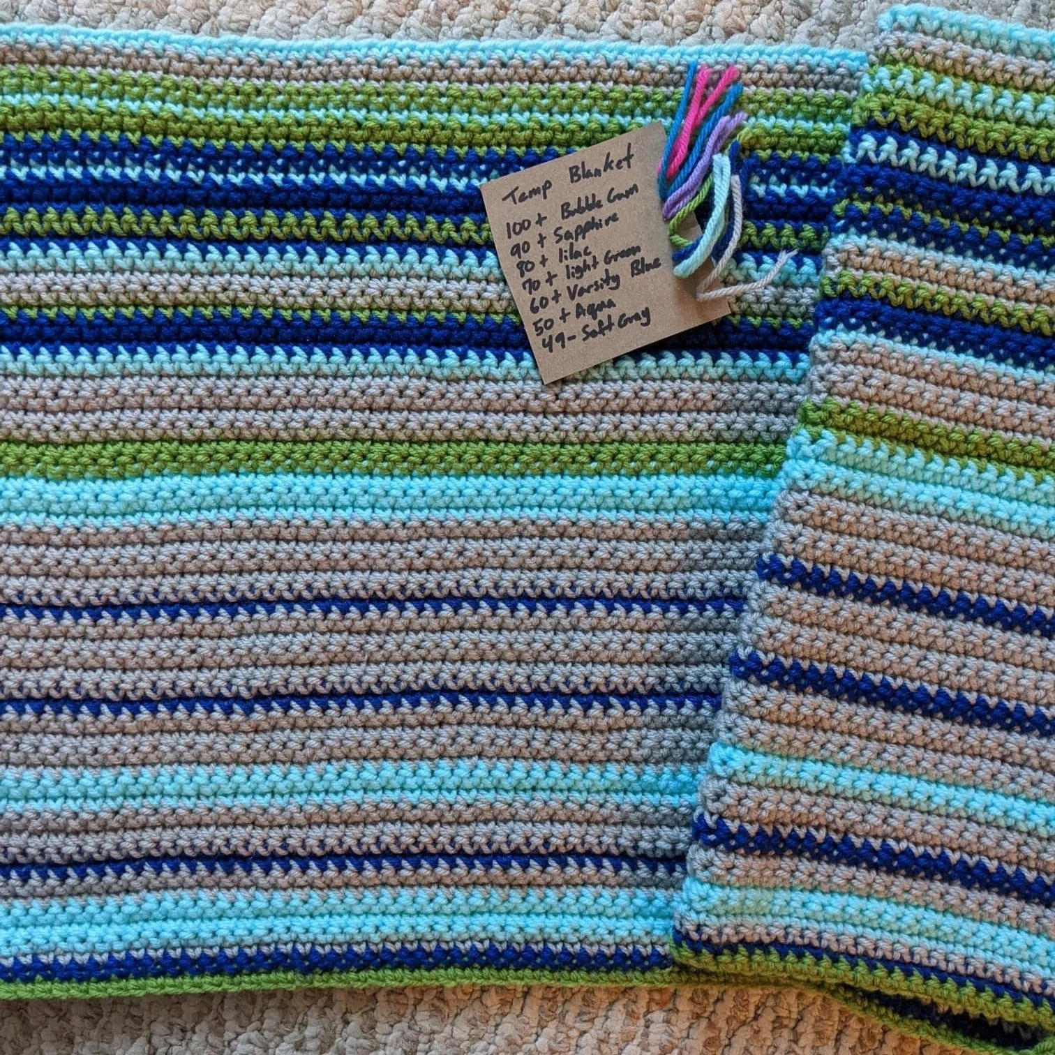 Crochet Weather Blanket. Each row represents the highest temperature of the day.