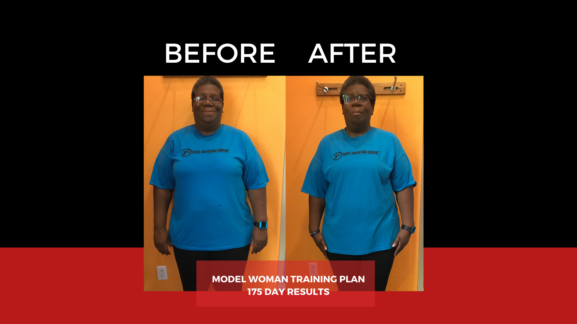Before and after comparison of a woman in a blue T-shirt with text, showing physical transformation after 175 days of training, standing against an orange wall.