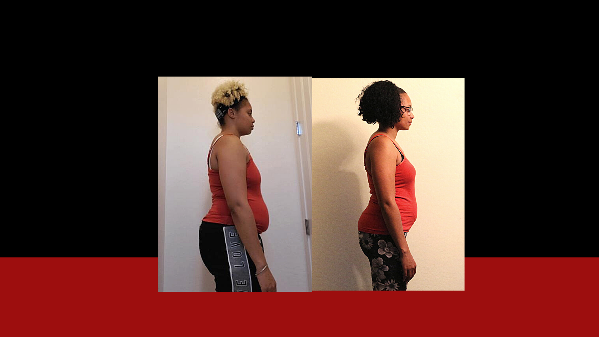 Side-by-side comparison of a woman before and after weight loss, showing a slimmer profile in the second image.