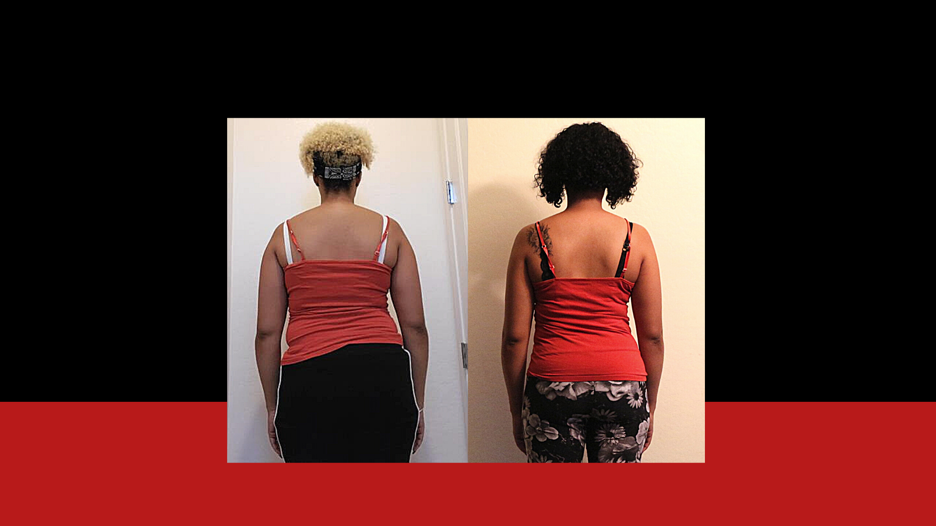 Side-by-side comparison of a woman before and after weight loss, shown from the back in red tank top and patterned pants, with different hairstyles and body shapes.