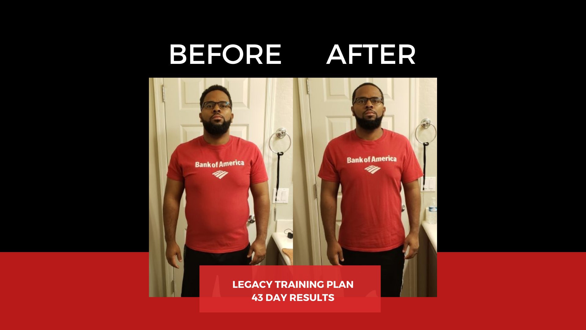 Side-by-side comparison of a man standing in front of a bathroom door, wearing a red t-shirt. The left image labeled 'Before' shows him with a larger stomach, while the right image labeled 'After' shows him with a slimmer waist after 43 days of a legacy training plan.