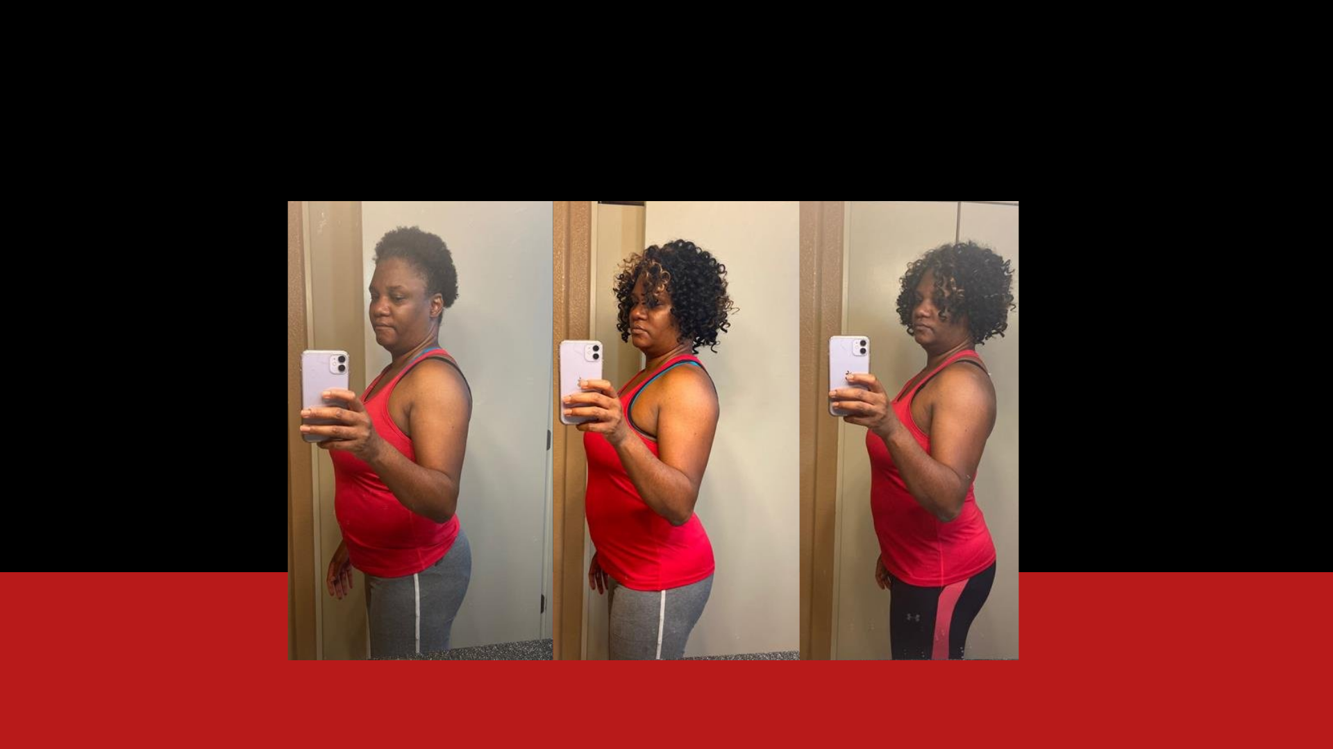 Sequence of three mirror selfies of a woman before and after a hair transformation, wearing a red athletic top and gray or black leggings.