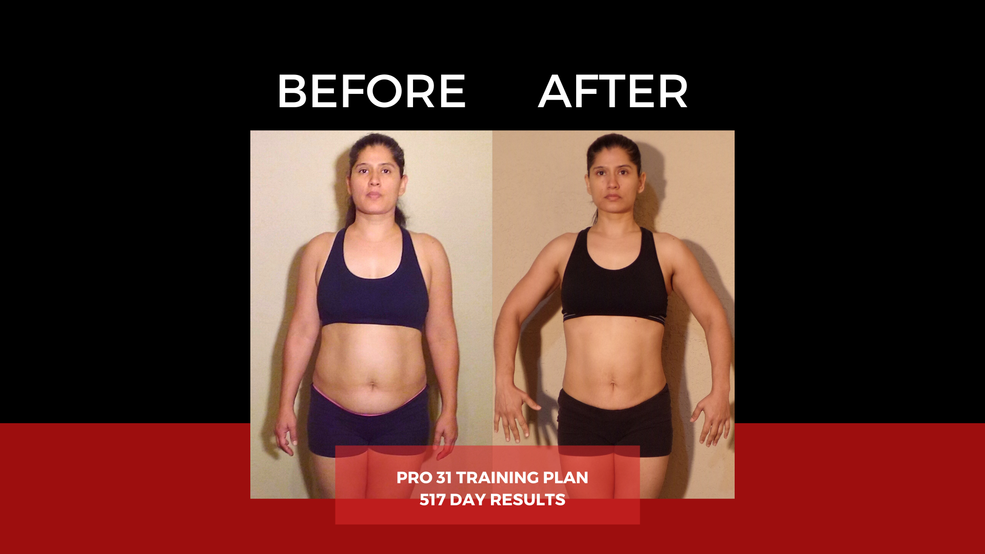 Before and after photos of a woman showing fitness transformation, with text indicating a 31-day training plan and 517 days of results.