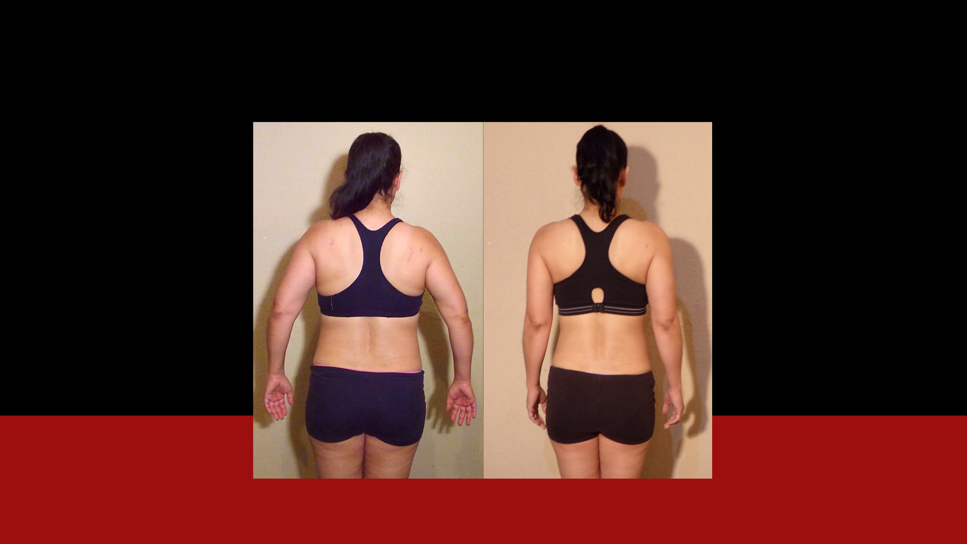 Side-by-side comparison of a woman before and after weight loss, showing back view in black sports bra and shorts, with noticeable body transformation.