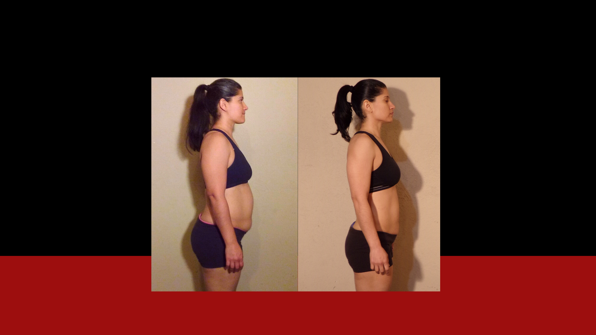 Side-by-side comparison of a woman before and after weight loss, facing left, with a beige wall background.
