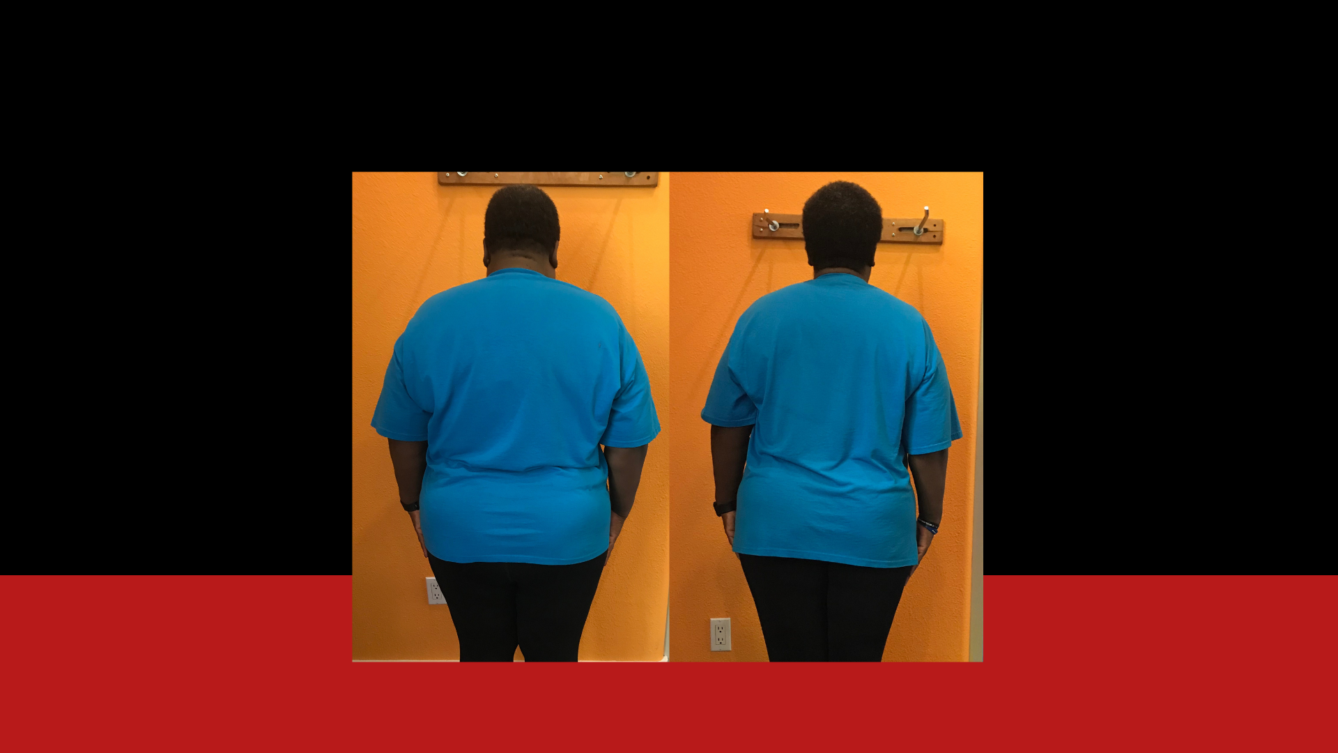 Side-by-side comparison of a person with their back facing the camera, standing against an orange wall with a coat hook. The left photo shows the person before and the right after their weight loss.