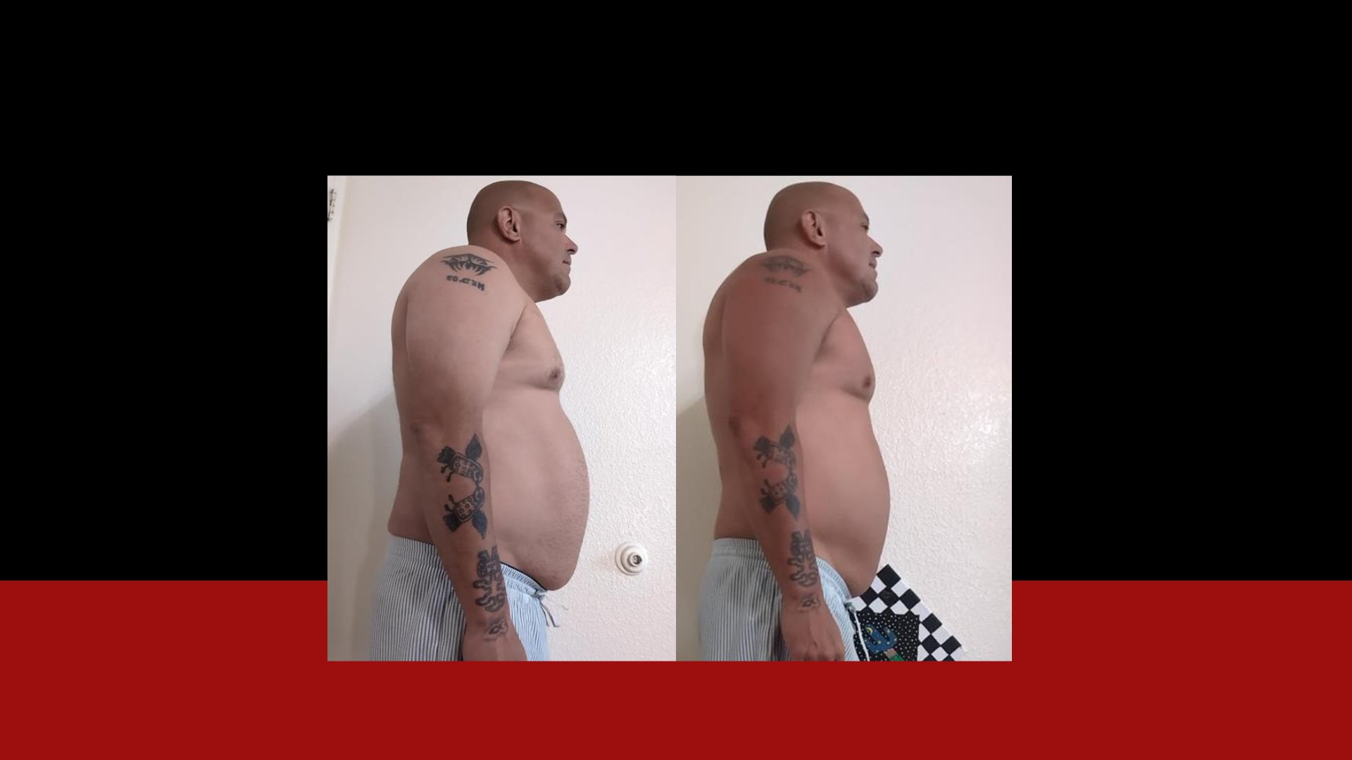 Side-by-side comparison of a shirtless man with tattoos, showing before and after weight loss, standing against a white wall.