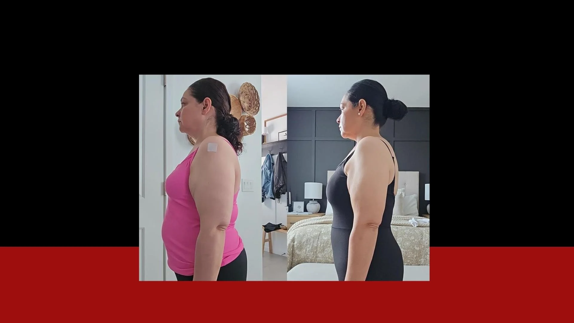 Comparison photo of a woman in a pink tank top showing progress in weight loss or fitness; left side shows her before, right side after.