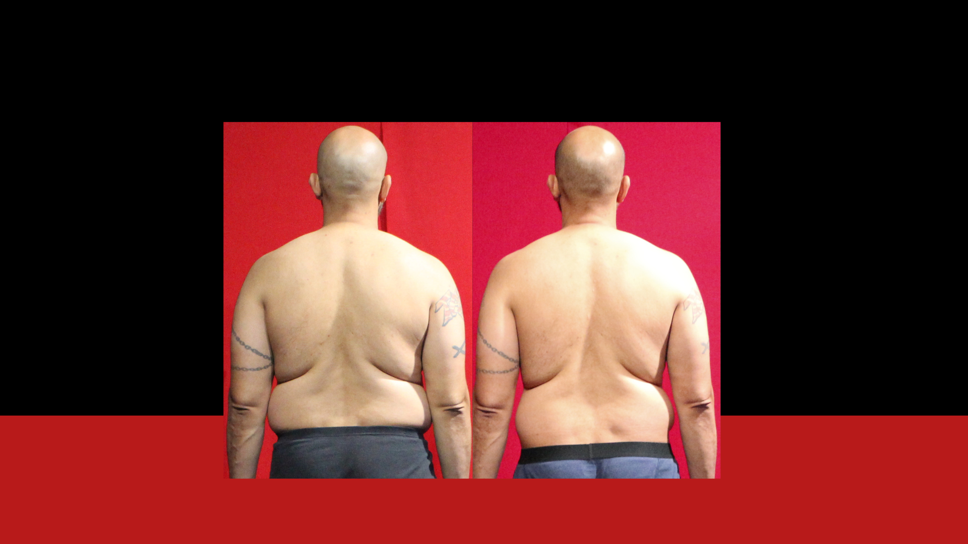 Side-by-side comparison of a bald man before and after weight loss, showing reduced body fat and a more defined back. The man has tattoos on both arms and is shirtless against a red wall.