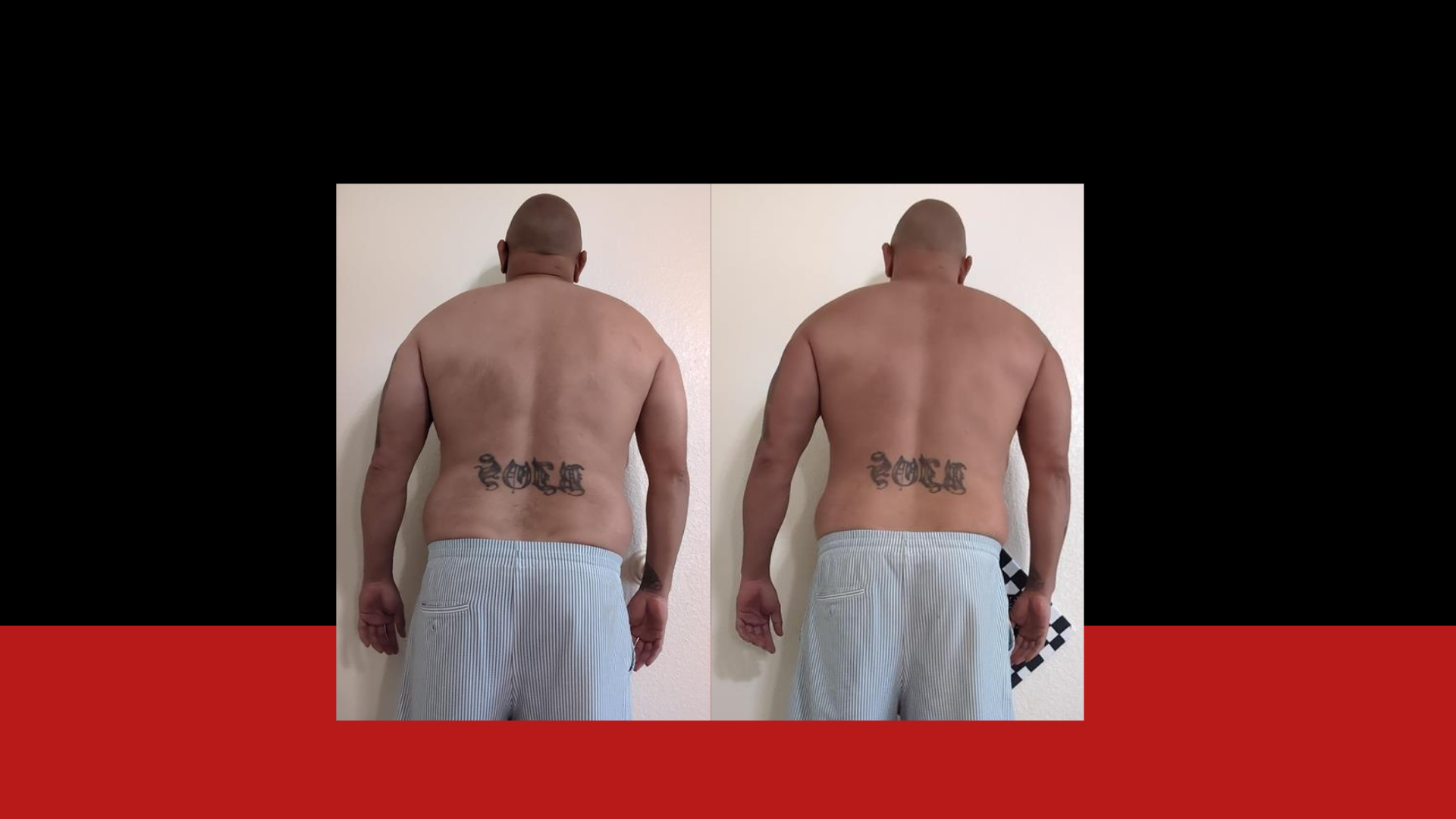 Comparison of a man's back before and after weight loss, with visible tattoo on lower back