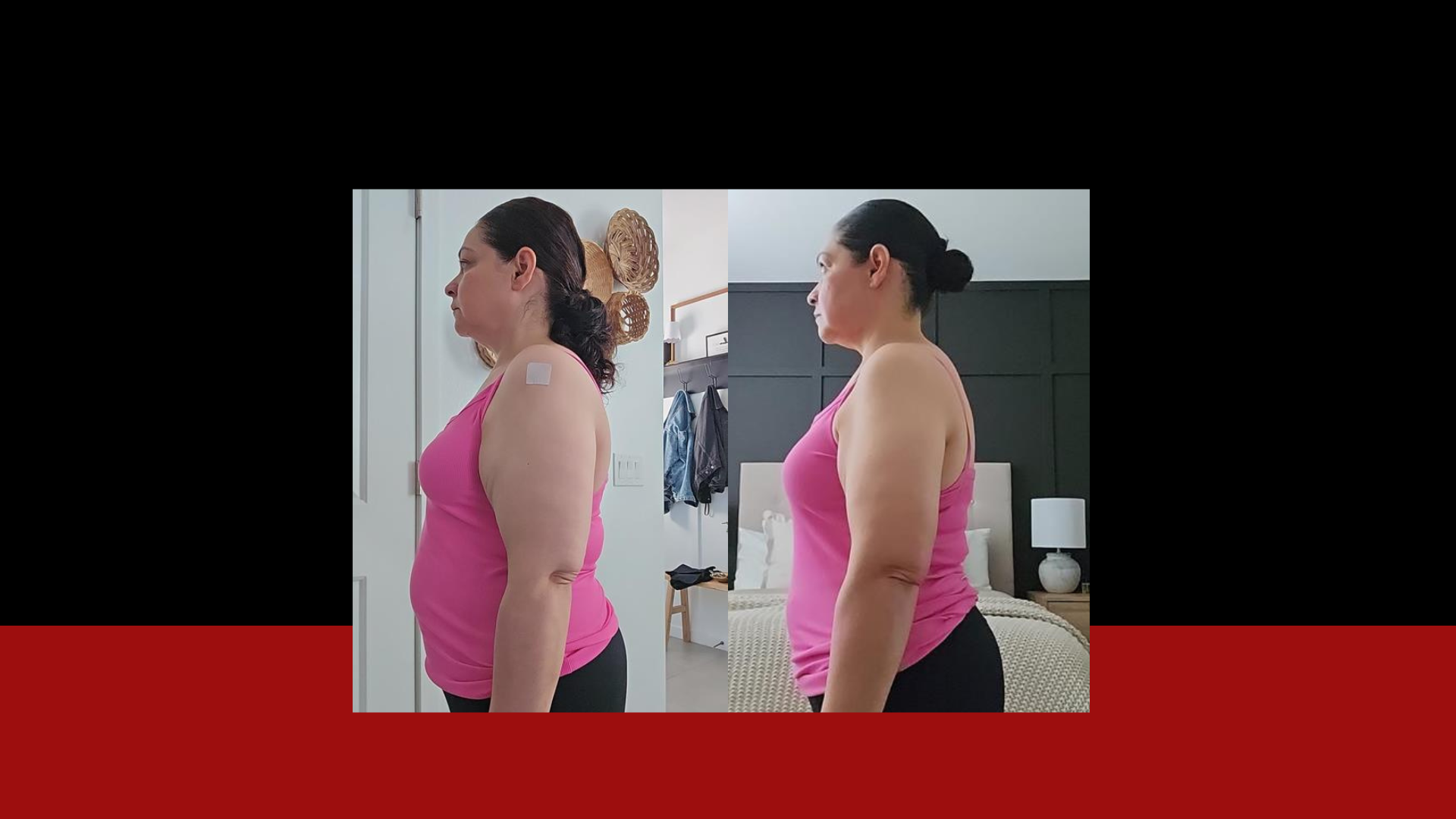 Comparison photo of a woman in a pink tank top showing progress in weight loss or fitness; left side shows her before, right side after.