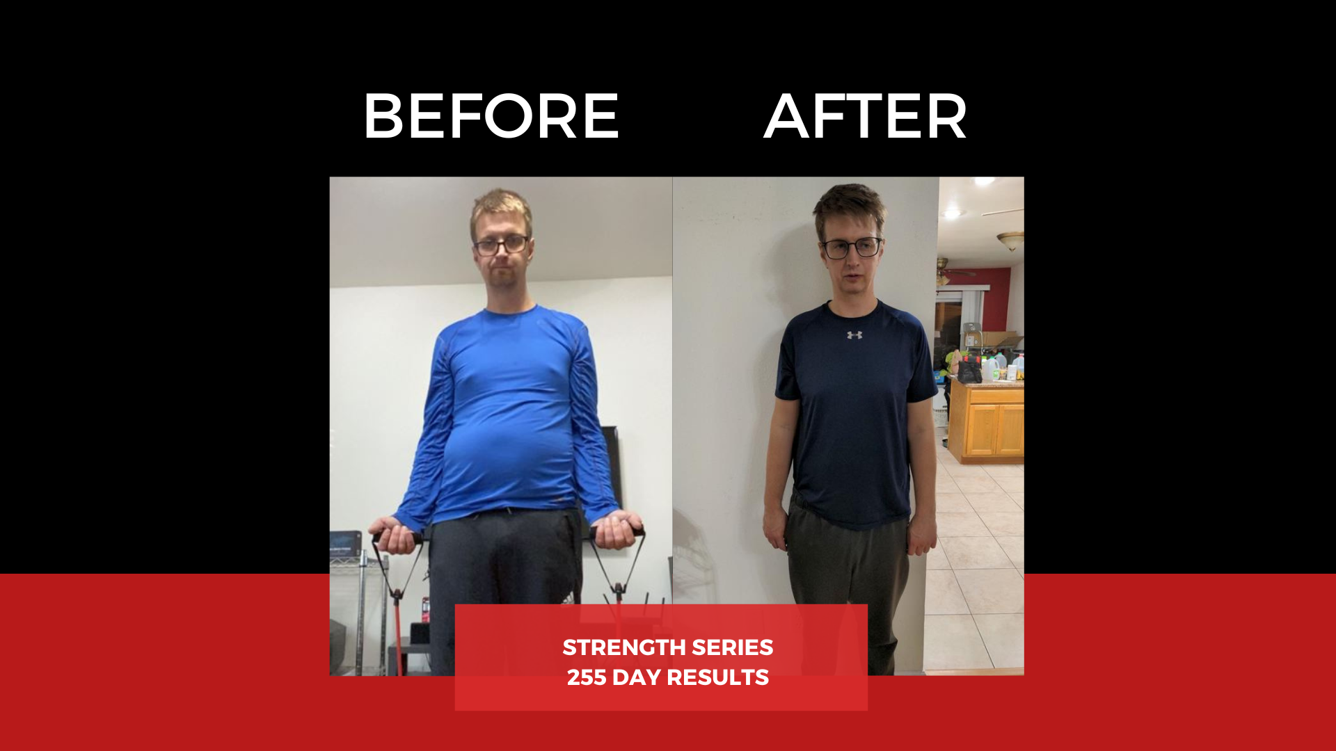 Before and after photos of a man showing physical transformation after 255 days in a strength training series. The 'before' photo shows him with a larger abdomen, wearing a blue long-sleeve shirt, and holding resistance bands. The 'after' photo shows him with a slimmer figure, wearing a black Under Armour t-shirt, in a home with a kitchen visible in the background.