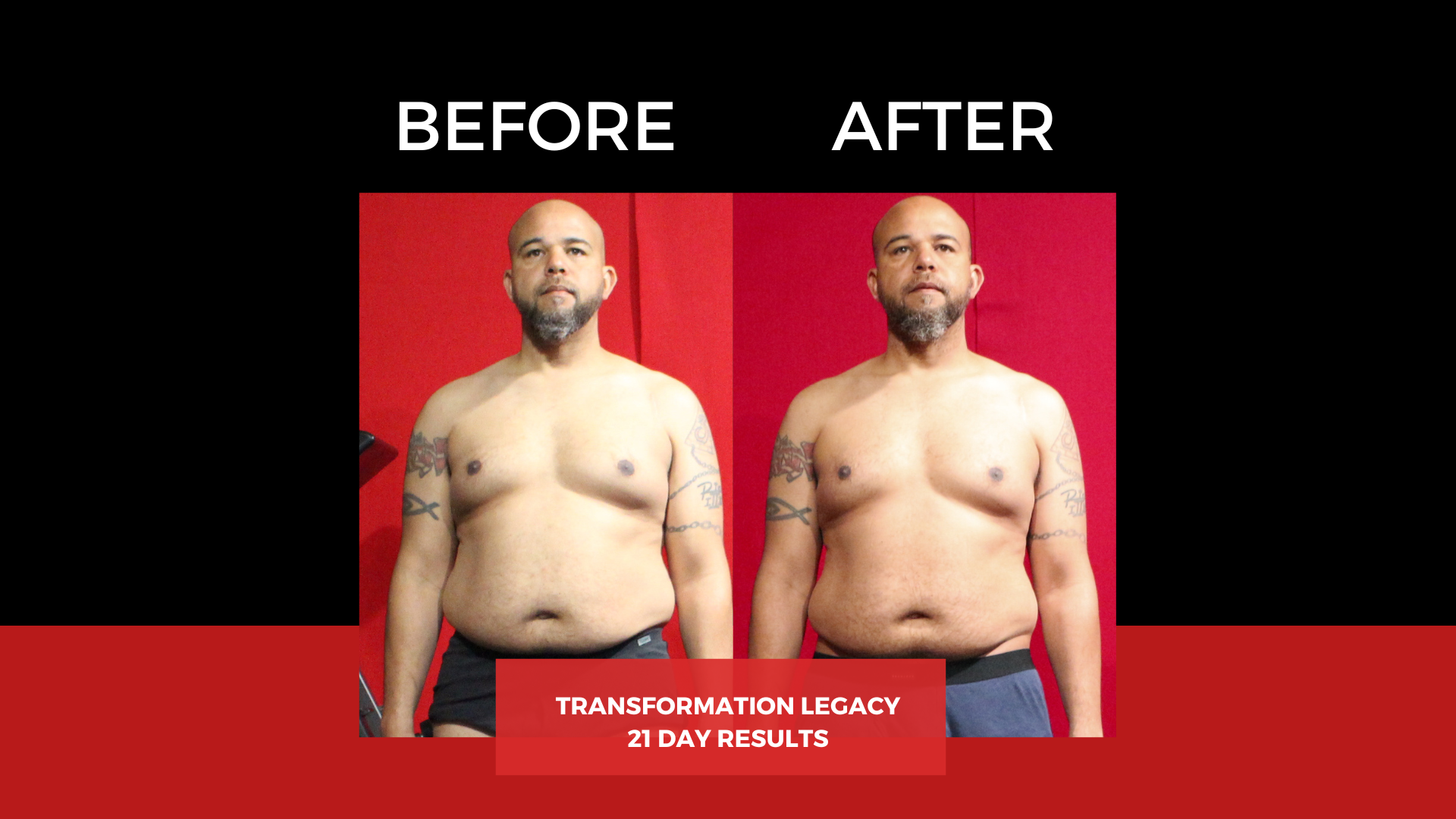 Before and after images of a man showing body transformation, labeled 'Before' and 'After,' with a red background and the text 'Transformation Legacy 21 Day Results' in the center.