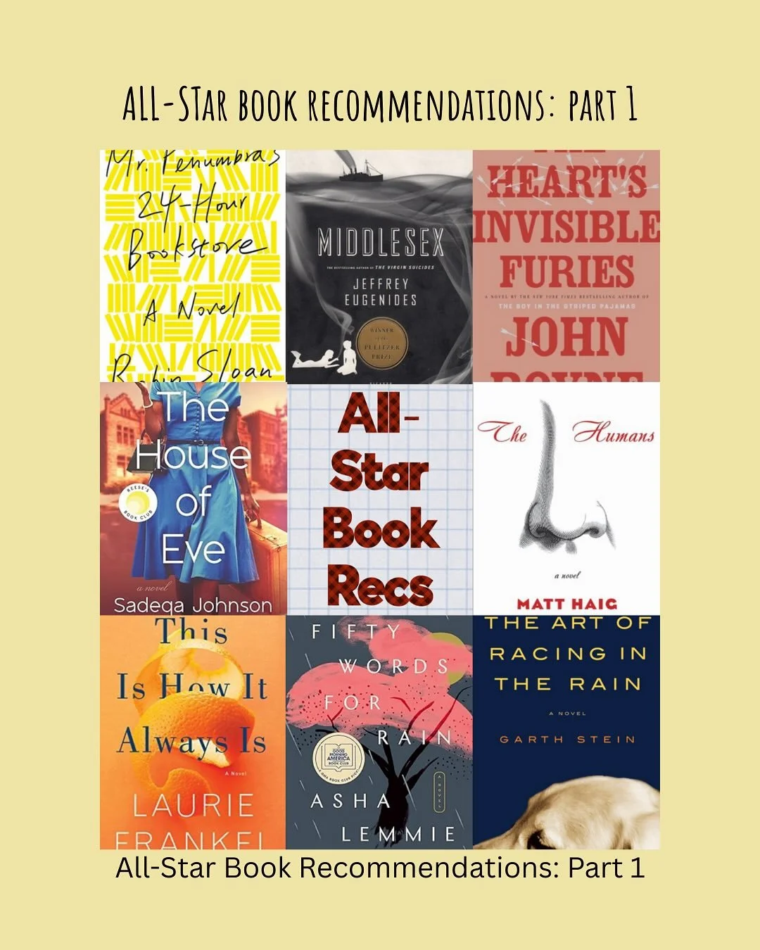 🐕 The Art of Racing in the Rain by Garth Stein ✅ Perfect for: dog lovers, readers who love tearjerkers, and anyone looking for a funny, tender, beautiful story that&rsquo;s highly readable. 
🚫 Not for: readers who avoid sad animal stories.
&nbsp;
?