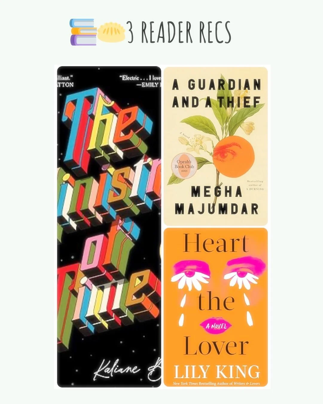Check out the slides!

❤️HEART THE LOVER 
❤️THE MINISTRY OF TIME
❤️THE GUARDIAN AND THE THIEF 
#whatsyourbook 

#bookdumplingrecommends #bookdumpling #ministryoftime #theguardianandthethief #heartthelover #lilyking