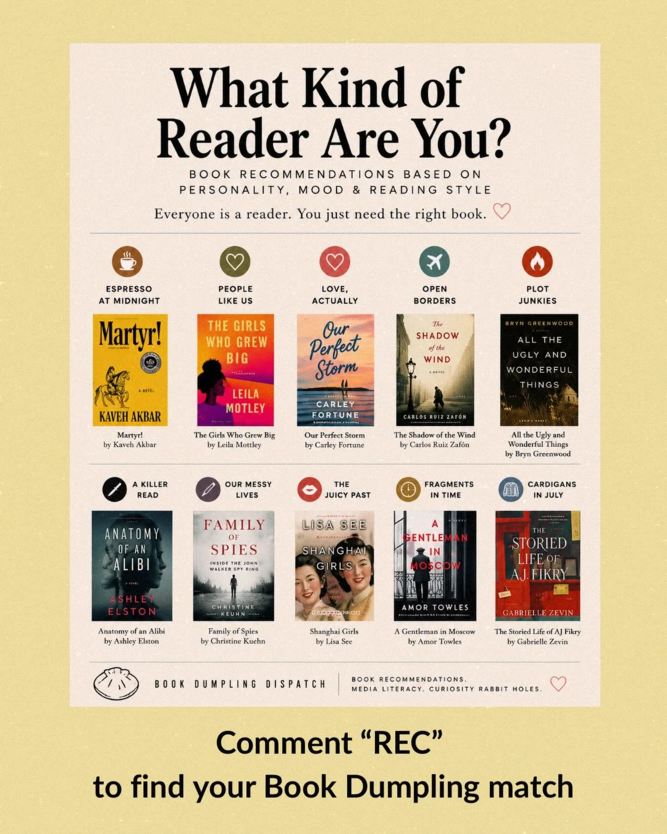 🥟For years, people have asked me how Book Dumpling works.

🥟The truth is: I rarely start with genre. I start with YOU.

❓Are you the reader who wants literary fiction but dislikes unlikeable characters?

❓Or maybe you&rsquo;re looking for comfort a
