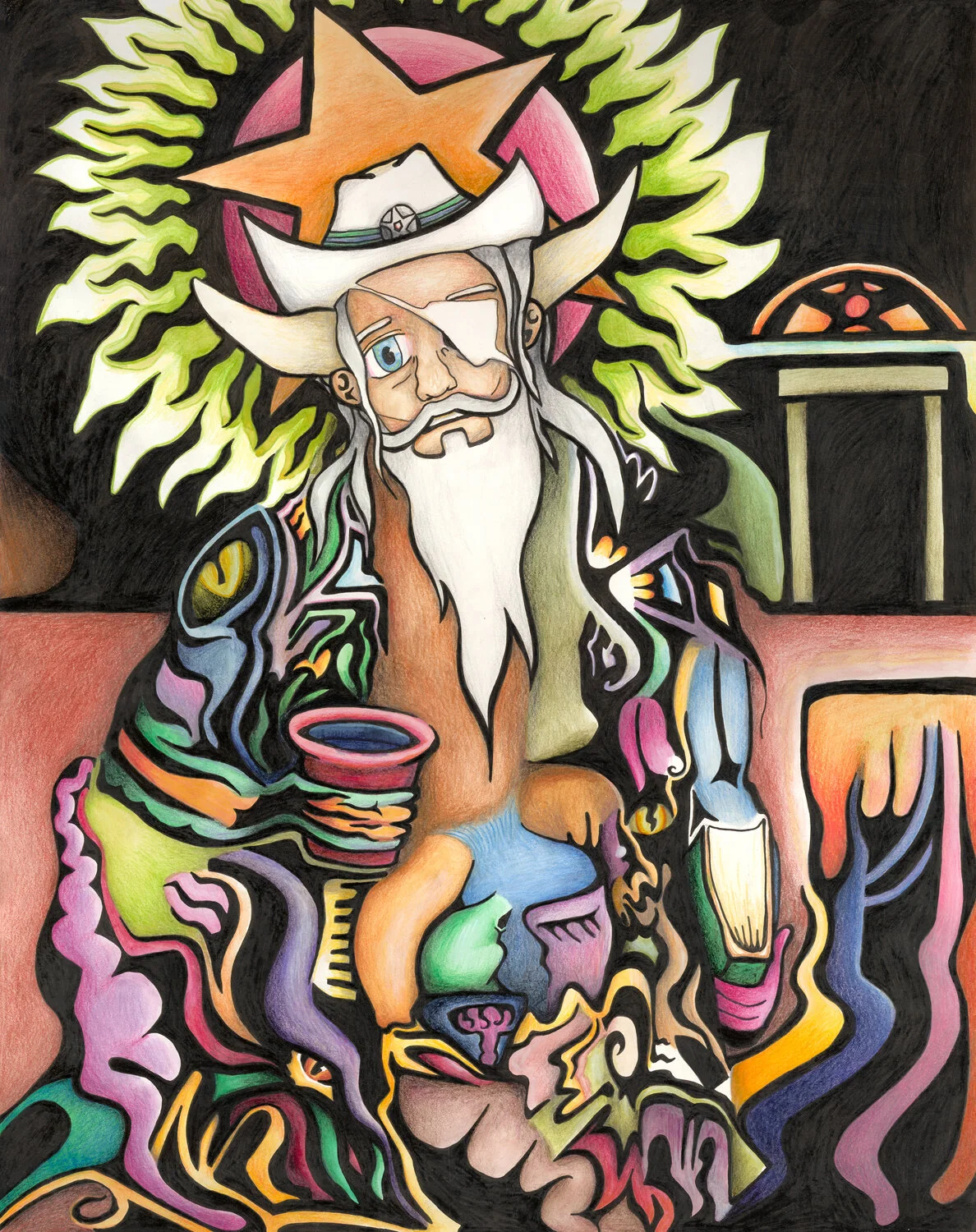 The HierophantInk, Watercolor, and Watercolor Pencil on Bristol Board19” x 24”2019