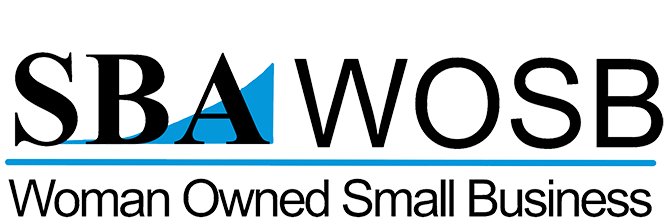 Logo with the letters SBA in black, a blue triangle over the 'A', WOSB in black, and the text "Woman Owned Small Business" below with a blue underline.