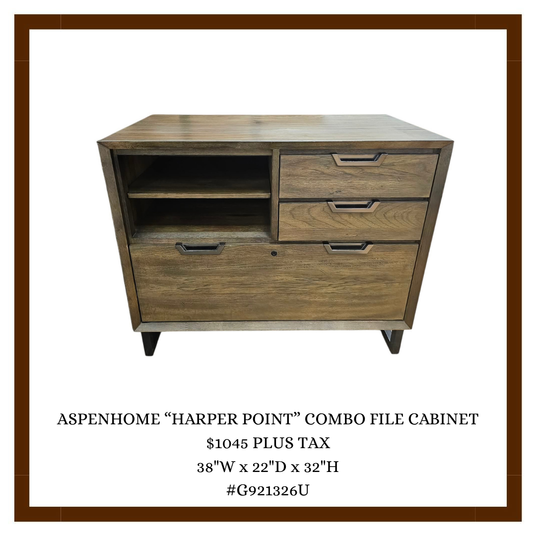 A wooden file cabinet with four drawers and open shelving on the left side.