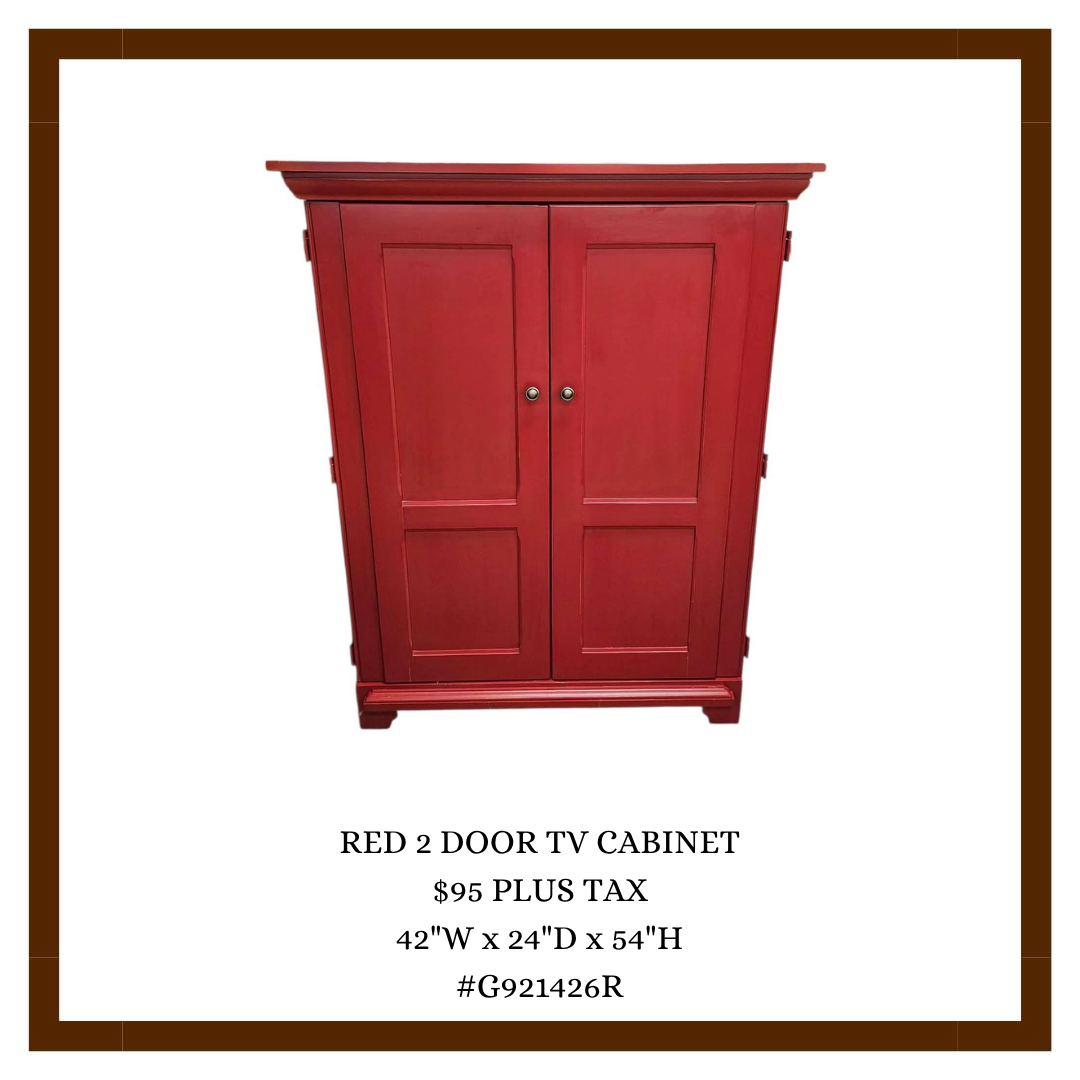 Red two-door TV cabinet with dimensions 42W x 24D x 54H inches, listing price $95 plus tax.