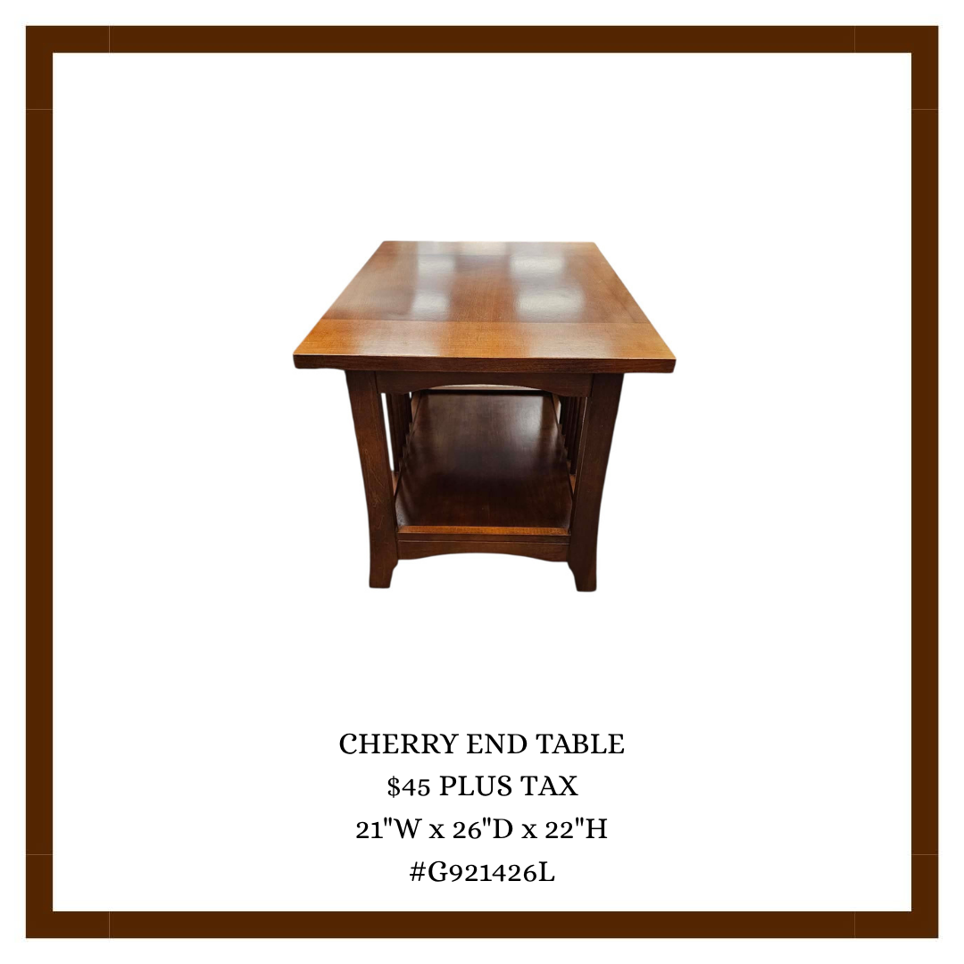 Wooden cherry end table with shelf, priced at $45 plus tax, 21 inches wide, 26 inches deep, and 22 inches high.