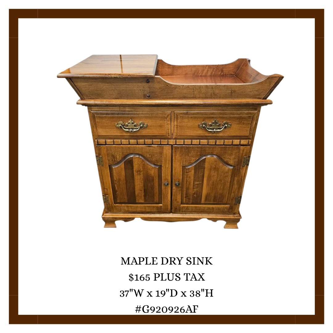 Wooden Maple Dry Sink with drawers and cabinet doors, priced at 165 dollars plus tax, measurements 37 inches wide, 19 inches deep, 38 inches high, item number G920926AF.