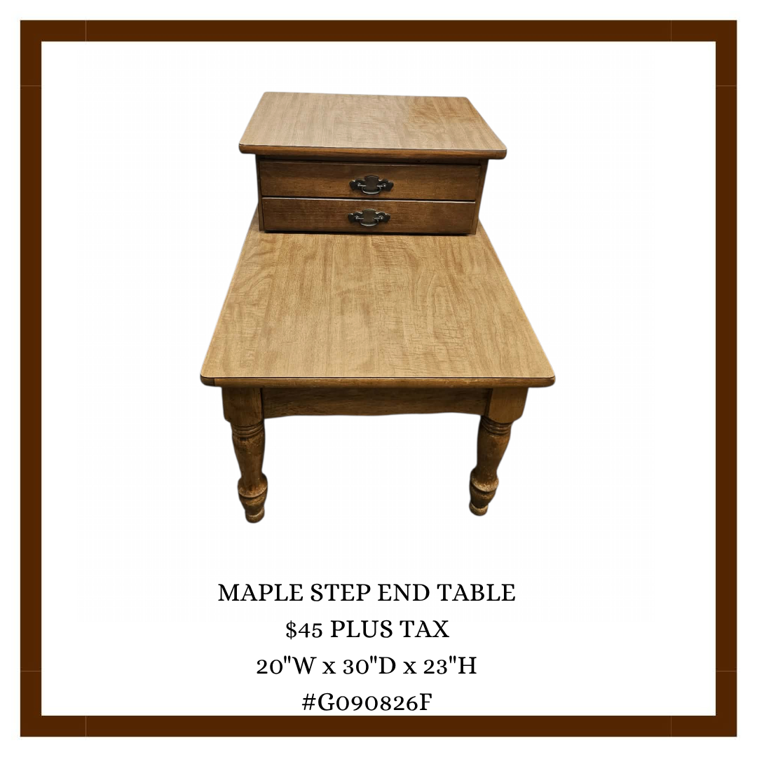 A wooden Maple Step End Table with a small attached drawer shown on a white background.
