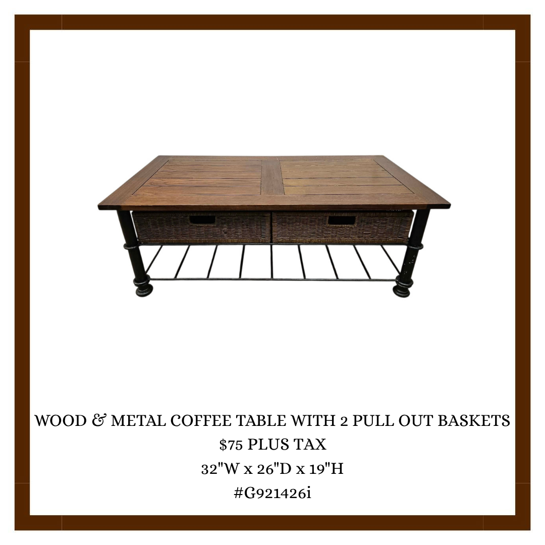 Wood and metal coffee table with two pull-out baskets and a metal shelf below, measuring 32 inches wide, 26 inches deep, and 19 inches high.