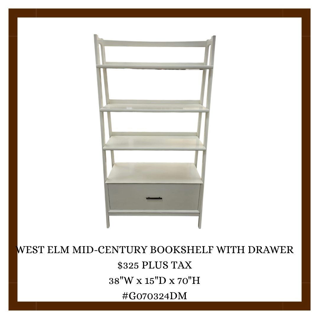 White mid-century bookshelf with drawers, five shelves, and a drawer at the bottom, on a brown background